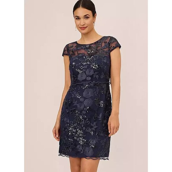 Adrianna Papell Size 2 Navy Sequin Dress Floral With Popover Short Sleeve NEW - Picture 1 of 3